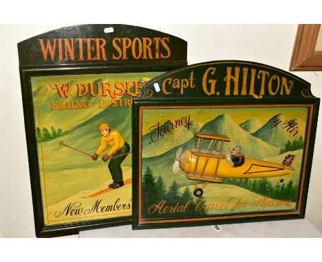 TWO VINTAGE STYLE WOODEN DISPLAY SIGNS, 'WINTER SPORTS' featuring a relief moulded Skier, size approximately 61cm x 46cm, 'Jo