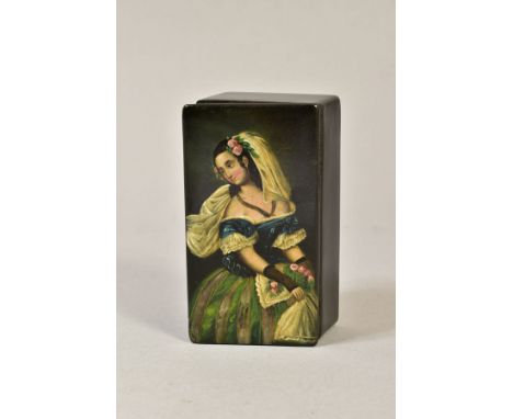 A 19TH CENTURY STOBWASSER STYLE PAPIER MACHE SNUFF BOX, the hinged cover painted with a three quarter length portrait of a la