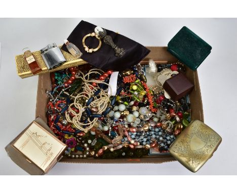 A SELECTION OF COSTUME JEWELLERY, a box to include various necklaces of glass and plastic beads, a musical compact of rectang