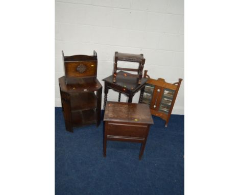 A QUANTITY OF OCCASIONAL FURNITURE to include an oak three tier occasional table with canted corner, barley twist table, sewi