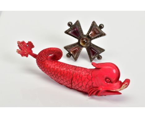 A BROOCH AND PIN BOX, the Maltese design brooch set with enamel together with a bone twist open box designed as a carp fish, 