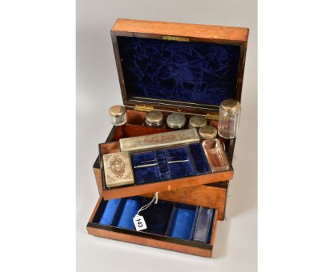 A VICTORIAN BURR WALNUT AND INLAID DRESSING/JEWELLERY BOX, the hinged lid with blue velvet lined interior concealing a mirror