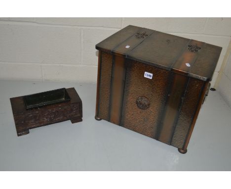 AN  EARLY 20TH CENTURY COPPER LOG BOX together with a small carved oak planter (2)