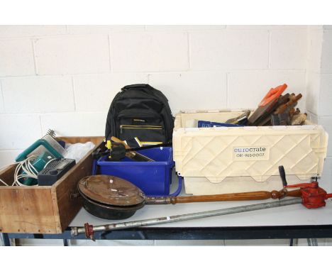 THREE TRAYS CONTAINING TOOLS, including wooden moulding planes, a Stanley No.4 plane, various saws, a Realistic Scanner, a vi