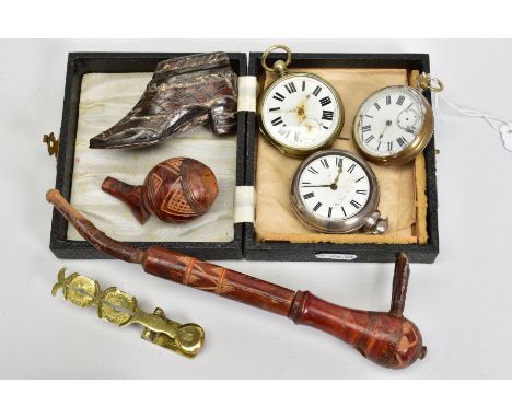 A SELECTION OF ITEMS, to include a mid 19th Century silver pair cased pocket watch, chain broken and two others, each with Ro