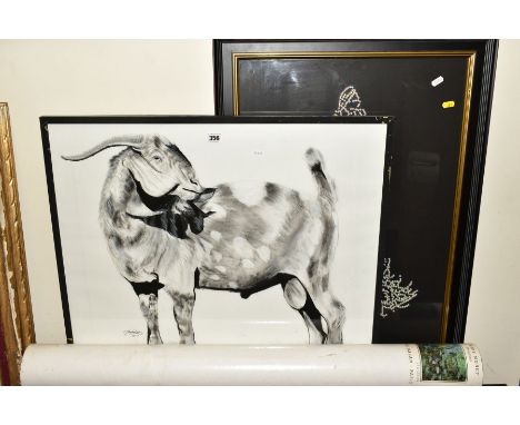 A CHARCOAL DRAWING OF A GOAT BY CLIVE FREDRIKSSON, framed, size approximately 59cm x 72cm, together with a picture of a femal