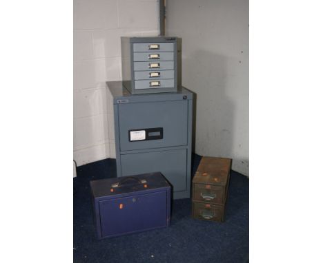 AN EASICAN TWO DRAWER METAL FILE CABINET together with a Bisley five drawer file cabinet, a metal chest (no key) and a vintag