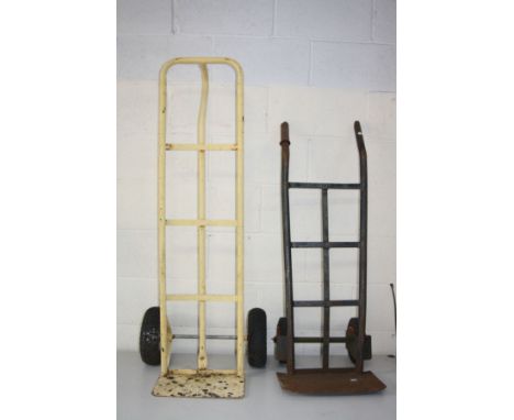 A VINTAGE AND A MODERN SACK TRUCK the modern has pneumatic tyres, the vintage solid 130cm and 110cm respectively