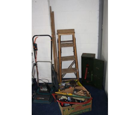 A VINTAGE MACROME UPRIGHT TOOL CHEST together with wooden step ladders, Black and Decker HS1 hover lawn mower (PAT fail-no ca