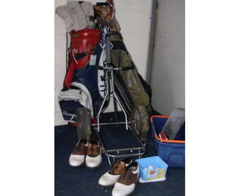 A JAGUAR GOLF BAG AND A HOGAN GOLF BAG CONTAINING VARIOUS CLUBS, modern and vintage to include Ping, Progen, Adams etc, toget
