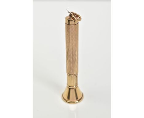 A 9CT GOLD CIGAR PIERCER, with engine turned design, a removable lid with push release button, with a 9ct hallmark for Birmin