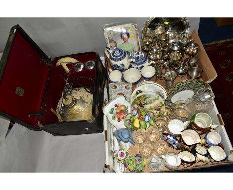 A CAST HEAT RAY LAMP AND TWO BOXES OF CERAMICS, GLASS, METALWARE, including a set of five Royal Albert 'Provincial Flowers-Pu
