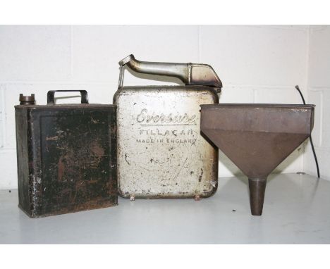 A VINTAGE EVERSHURE PETROL CAN together with another vintage petrol can and a funnel (3)