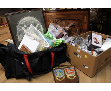 Bag and box of ornaments, plaques, clock, pictures etc