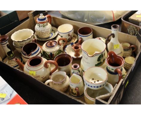 Box of Torquay ware cockerel patterned candlestick and jug, puzzle jug, moustache cup etc