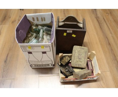Box of vintage bottles, nuts, bolts, screws and wooden wall rack 