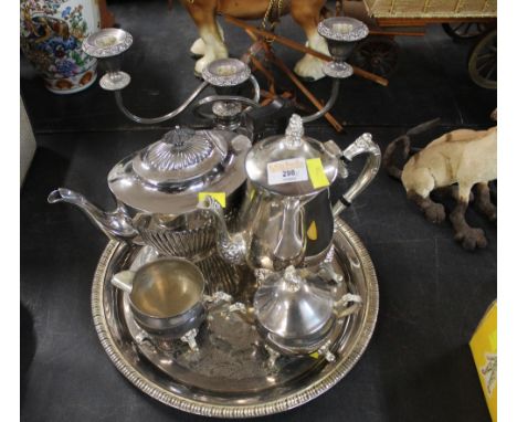 Silver plated candelabra and tea service with tray