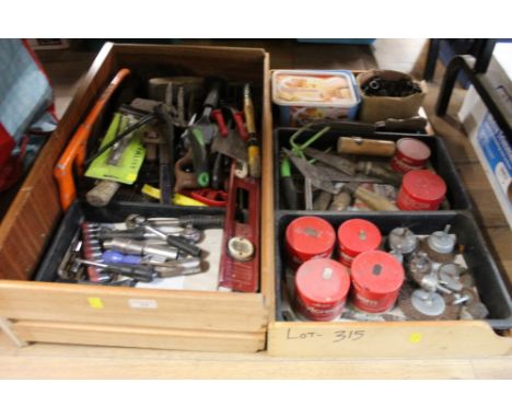 Two boxes of hand tools, cold chisels, spirit levels etc