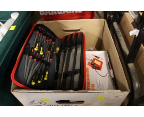 Box of drill bits, solder iron, files etc