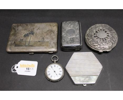 Silver pocket watch, Egyptian white metal cigarette box and filigree compact, white metal pill box and pocket mirror 