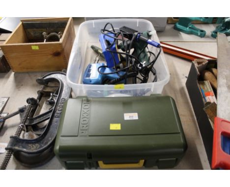 Cased Proxxon, drill with accessories and box of soldier irons, glue gun etc 