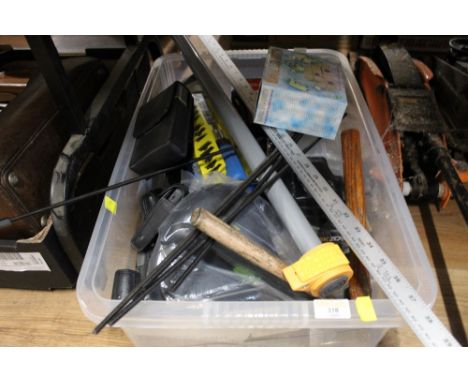 Box of hand tools, ruler, manual data switch