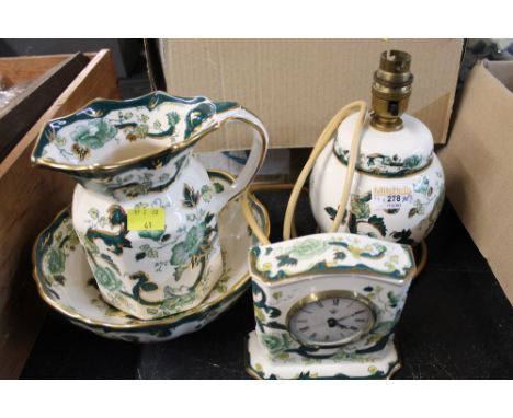 Four pieces of Masons Chartreuse pattern china, jug, bowl, clock and lamp
