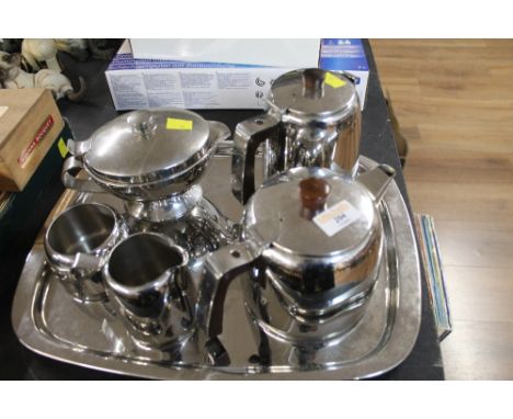 Retro 1970's Old Hall stainless steel tea service with tray and sauce boat