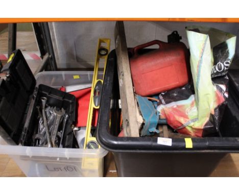 2 tubs of hand tools, electric sander, fuel can, spirit level, spanners, etc. 