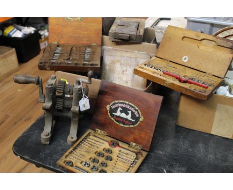 Box of vintage locks and boxes of tap and die sets