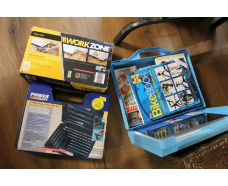 Work zone furniture transport set, power craft drill bit set and a tub of hand books