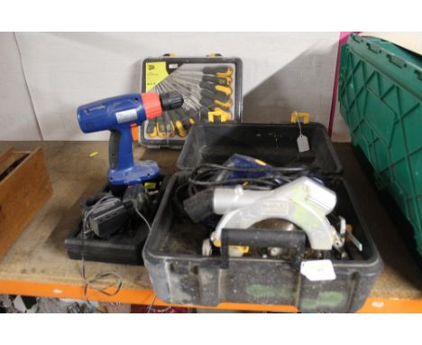 A McAllister circular saw, screwdriver set, cordless drill and router bits set 