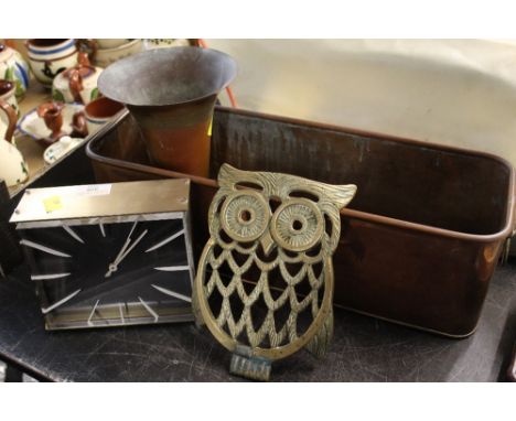 Trivet in form of an owl, copper vase and planter and a mantle clock