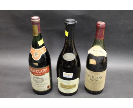 Three bottles of vintage red wine, 1980 Pisse-Dru Bourgueil, 1998 Brouilly &amp; a 1979 Pinotage (all still sealed with good 