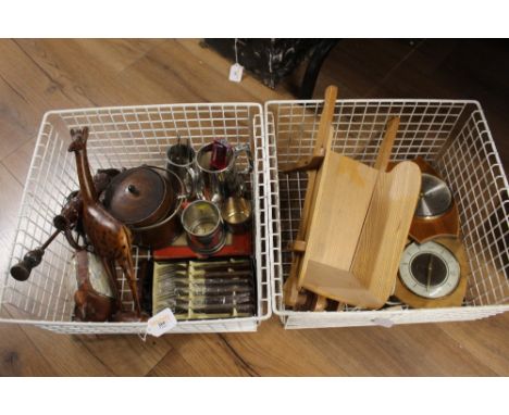 Two boxes of ornament, cutlery, pewter mugs, clock etc