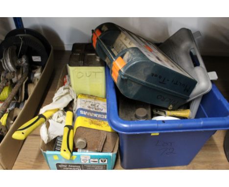 2 Boxes of hand shears, motor oil electric drill etc.