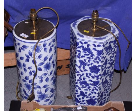 A Chinese porcelain octagonal port table lamp base and a similar blue and white floral base, 20" high