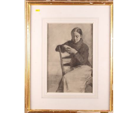 Aye Rasmussen?, 2004: a charcoal study of a woman seated on a ladder back chair, 10" x 16", in wash line mount