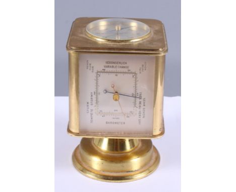 A mid 20th century Angelus brass five silver-faced weather station, comprising thermometer, barometer, hydrometer, clock and 