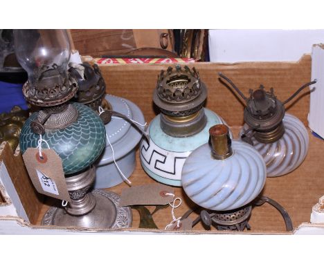 A group of various opaline and other glass oil lamp fittings