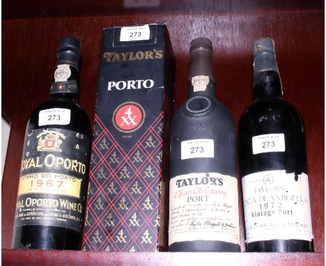 Four bottles of port, 1967 Royal Oporto, 1972 Taylors Quinta de Vargellas, 1986 Taylors 10 Year Tawny Port and 1987 Taylors P