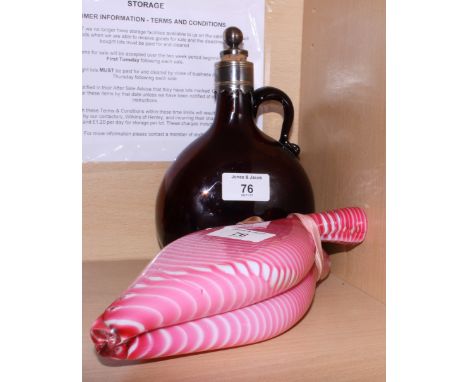 A 19th century brown glass decanter with scroll handle and silver plated collar and stopper, together with a Venetian pink an