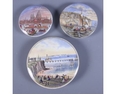 A group of three Prattware pot lids, Pegwell Bay, The New Jetty and Pier Margate and St Paul's Cathedral and River Pageant (L