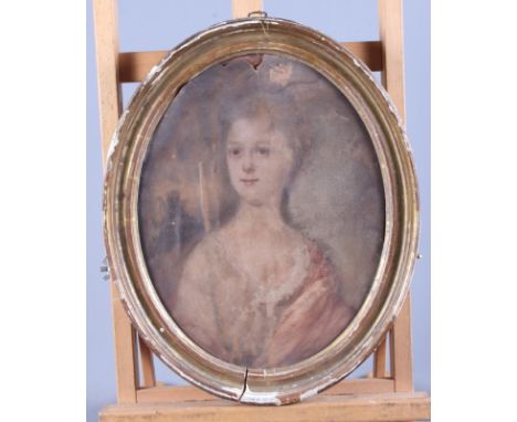 A late 18th century watercolour, portrait of an unknown woman with red cloak, 11" x 9", in oval gilt frame