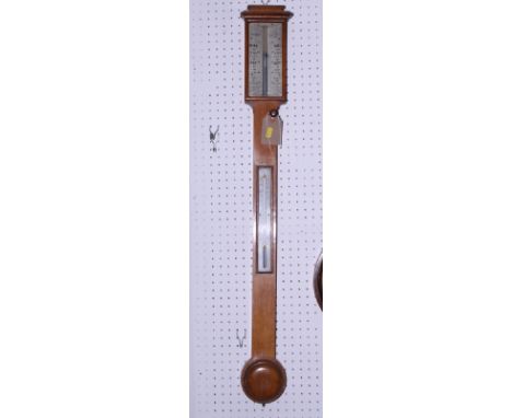 A 19th century oak cased stick barometer and thermometer with silvered register plate engraved "Burrow", 37" high