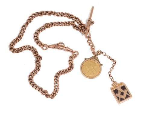 A Victorian 9ct gold Albert chain and sovereign and Masonic fobsthe rose gold cur link watch chain stamped .375 to each link 