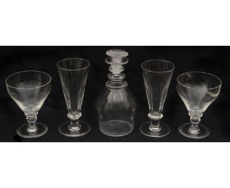 19th century glass to include a late Georgian Prussian shaped glass decanter, a pair of rummers and a pair of ale glassesfirs