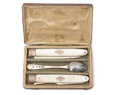 A Georgian silver and mother of pearl folding knife and fork and silver spoon travelling setthe knife and fork with bright cu