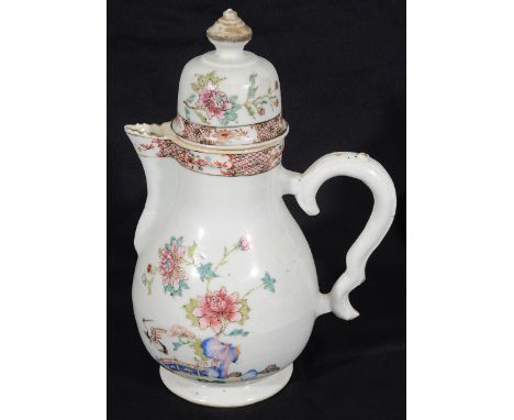 A mid 18th century Chinese export famille rose coffee pot c.1750Qianlong of baluster from with sparrowbeak spout and ear scro