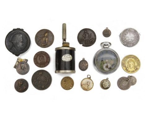 A small collection of coins medals and curios comprising a porcelain patch box mounted with a metal lid cast with Napoleon I 